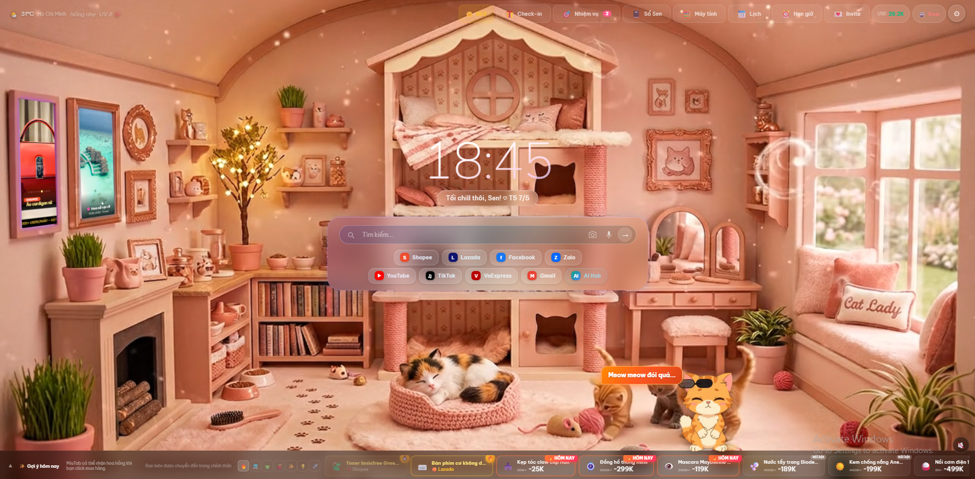 MiuTab Chrome new tab — phòng mèo hồng Catlady với clock 18:32, search bar, deals Shopee, Miu cam đeo kính